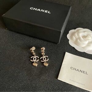 CHANEL Gold Crystal CC Drop Earrings with Heart Accents